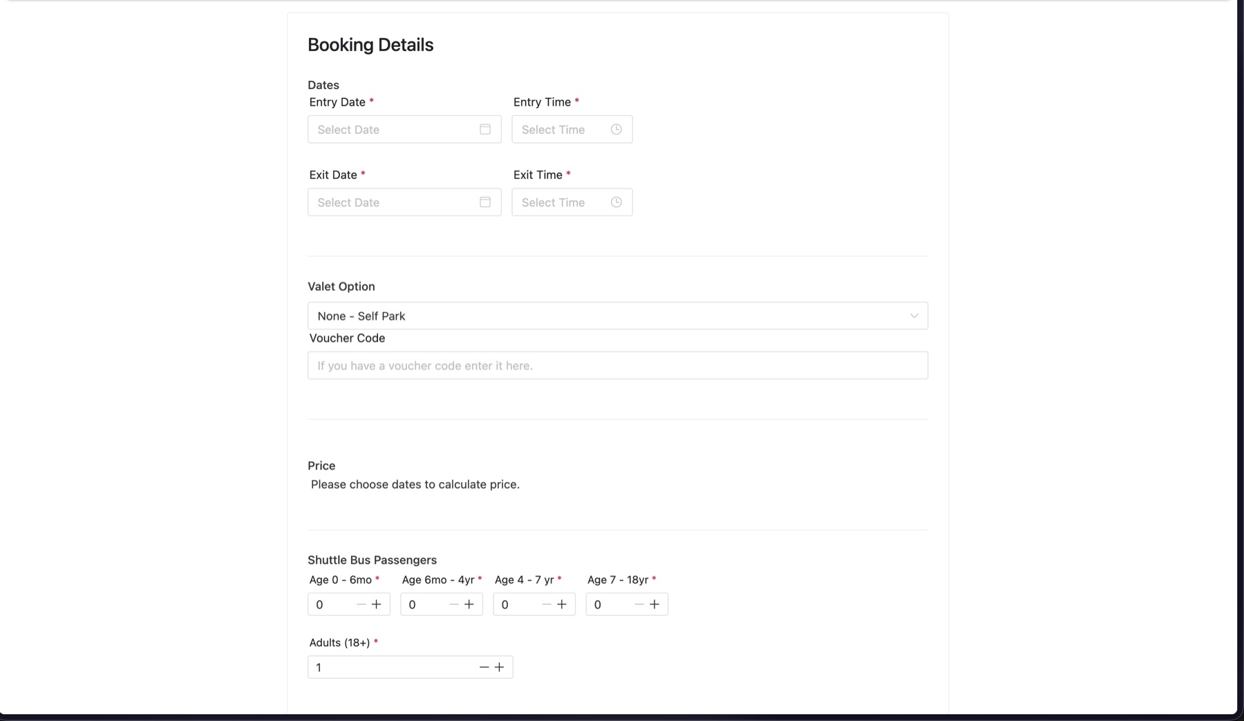 Skypark's old booking form: dates, valet, voucher, price and shuttle passenger counts on one long page